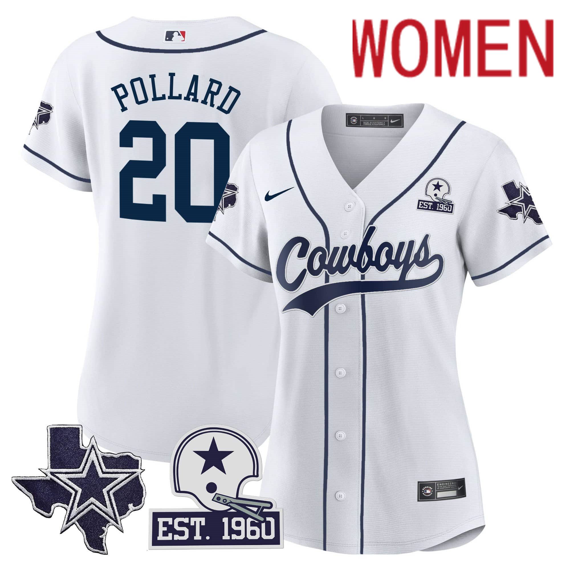 Women Dallas Cowboys #20 Pollard White 2024 Nike Patch Baseball NFL Jersey->women nfl jersey->Women Jersey